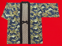 アンティーク和柄!綿入れ袢纏 鷹と富士(紺系)